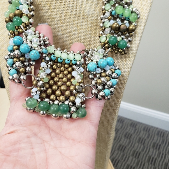 Pam Miran  green turquoise glass cats eye opalite beaded bib statemen necklace - Picture 11 of 14
